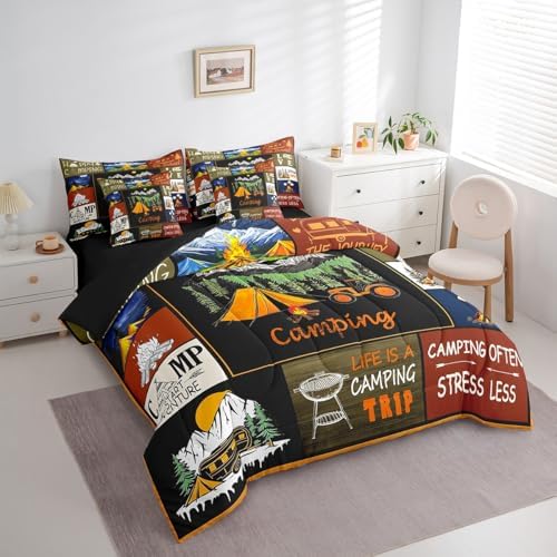 Erosebridal 7 Piece RV Bunk Camper Bed Comforter Set Full with Sheets,Happy Camping Bedding Set for Kids Adults Travel Trailer Decor,Rustic Country Patchwork Quilt Bed Set with Fitted+Flat Sheet