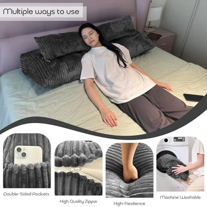 Headboard Pillow Full, Headboard Wedge Pillow with A Long Neck Roll Pillow Body Pillow, Triangle Pillow Wedge for Reading, Working, Bed Wedge Pillow for Headboard (Grey, Full)