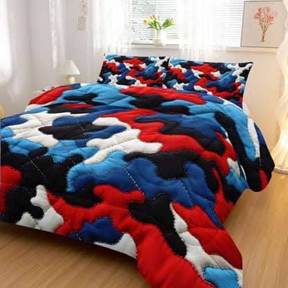 Nttopship Camouflage Bedding Set,Red Blue White Camouflage Pattern Style King Comforter Set for Adult Teens Camo Bed in A Bag 3 Pieces,Camo Pattern Room Decor with Comforter and 2 Pillow Case