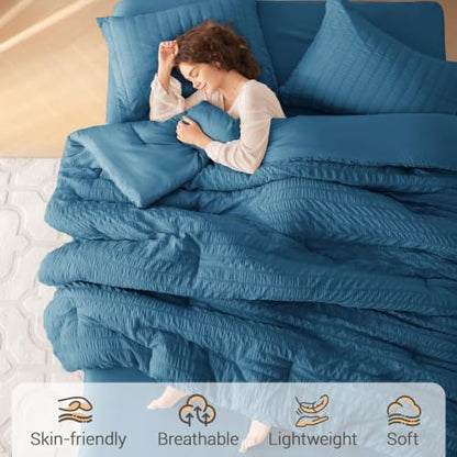 MUXHOMO 7 Pieces King Comforter Set, Seersucker Bed in a Bag King Size, All Season Luxury Bedding Set with Comforter, Flat Sheet, Fitted Sheet, Pillowcases & Shams, Teal