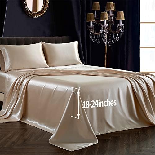 SiinvdaBZX 4Pcs Extra Deep Pocket Satin Sheet Set King Size, Beige