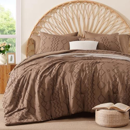 Queen Comforter Set Brown Tufted Boho Geometric Bedding Sets 7 Pieces