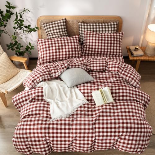 BESTOUCH Gingham Cotton Duvet Cover Set Fired Brick Red Twin