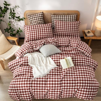 BESTOUCH Gingham Cotton Duvet Cover Set Fired Brick Red Twin