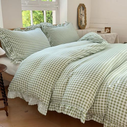 NSNLGSGC Sage Green Gingham Ruffle King Duvet Cover