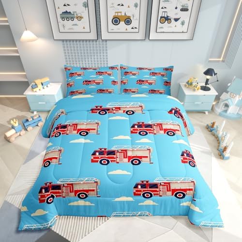 Erosebridal Cartoon Fire Truck Full Bedding Set, Red Firemen Car Comforter Set, White Cloud Blue Sky Comforter for Kids Men Teens Boys Room Decor, Fire Engine Quilt with 2 Pillowcases, Microfiber
