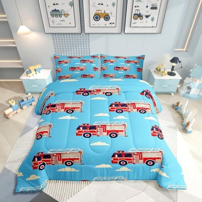 Erosebridal Cartoon Fire Truck Queen Comforter Set, Red Firemen Car Bedding Set, White Cloud Blue Sky Comforter for Kids Men Teens Boys Room Decor, Fire Engine Quilt with 2 Pillowcases, Microfiber