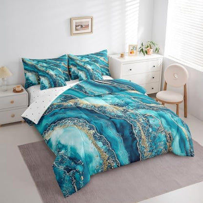 Erosebridal Teal Tie Dye Bedding Set for Kids Teens,Gradient Marble Texture Comforter Set Twin Size,Abstract Art (Comforter+Fitted+Flat Sheet+2 Pillowcases+2 Throw Pillow Covers) 7 Pieces Bed Set