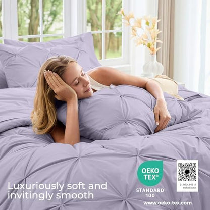 Sasttie California King Comforter Set, 7-Piece Bed in a Bag, Pintuck Bedding Sets for All Season, Includes Comforter, Flat Sheet, Fitted Sheet, Pillowcases and Pillowshams, Lavender