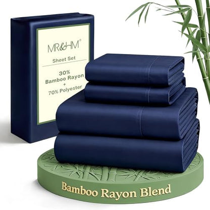 MR&HM Twin XL Sheets 3 Pieces, Rayon Derived from Bamboo Blend, Navy Blue