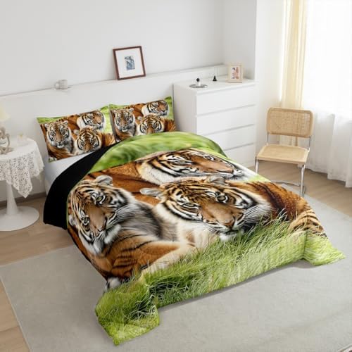 Erosebridal Tiger Bedding Set King,Safari Animal Comforter Set for Kids Boys Teens Adults Men,Tigers Family Down Comforter Cool Wildlife Bedding Sets Green African Grassland Quilt Duvet Set 3 Pcs