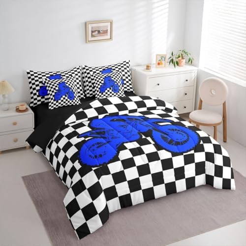 Feelyou Red Motocross Rider King Comforter Set with Sheets for Kids Boys Girls Sporty Rider 7 Pieces Bedding Set Checkered Flag Bed in a Bag Off-Road Racing Room Decor Dirt Bike Soft Lightweight