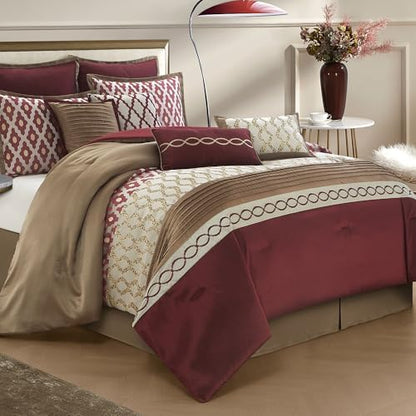 LANCO MODERN LIFESTYLE Queen Comforter Set, Burgundy, 10 Piece Bed in a Bag for All Seasons, Luxury Extreme Comfort Bedding Sets with Bedskirt, Pillow Shams, Euro Shams and Decor Pillows