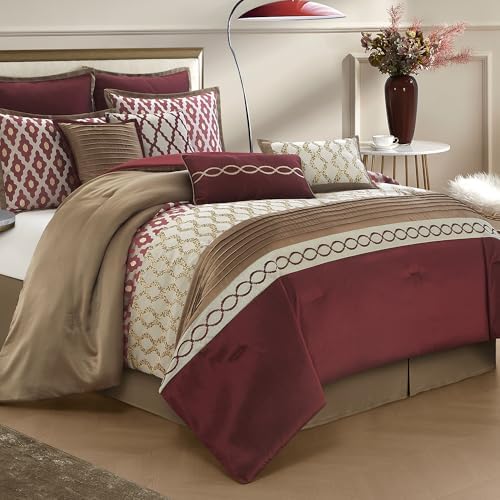 LANCO MODERN LIFESTYLE Oversized Comforter Set, Burgundy, 10 Piece Bed in a Bag for All Seasons, Luxury Extreme Comfort Bedding Sets with Bedskirt, Pillow Shams, Euro Shams and Decor Pillows