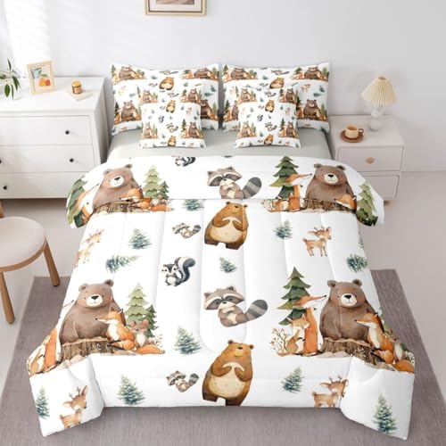 Erosebridal Woodland Animals 7 Piece Comforter Set Queen Bed in A Bag Cartoon Bear Fox Deer Bedding Set Kids Jungle Wildlife Child Sheet Set with Comforter Funny Raccoon Wild Animals Duvet Insert