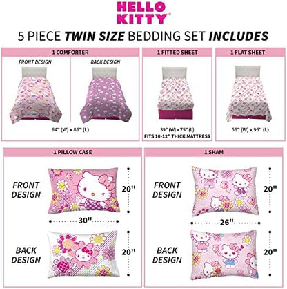 Franco Kids Bedding Super Soft Comforter and Sheet Set with Sham, 5 Piece Twin Size, Hello Kitty