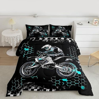 Castle Fairy Motocross Rider Bedding Set King Size,Honeycomb Geometric Abstract Teal Comforter Set for Adult Women Bedroom,Extreme Sport Games Ultra Soft Bedding Set with 2 Pillowcases,3Pcs