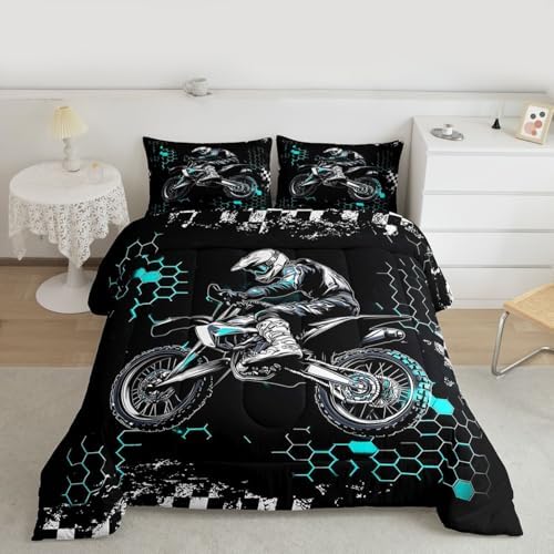 Castle Fairy Motocross Rider Queen Size Comforter Set,Honeycomb Geometric Abstract Teal Duvet Insert for Kids Teens Adults,Extreme Sport Games Bedding Comforters for Bedroom Decor,3 Pcs