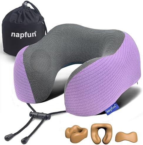 napfun Neck Pillow for Travel, Memory Foam Airplane Pillow, Light Purple