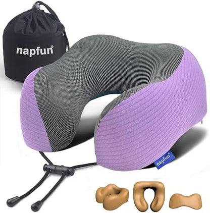 napfun Neck Pillow for Travel, Memory Foam Airplane Pillow, Light Purple
