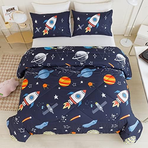 RYNGHIPY Twin Space Rocket Bedding Set 3 Pcs Navy Blue Bed Set for Boys