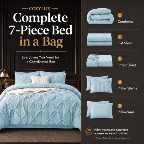 CozyLux Queen Comforter Set Light Blue, 7 Pieces Pintuck Bed in a Bag
