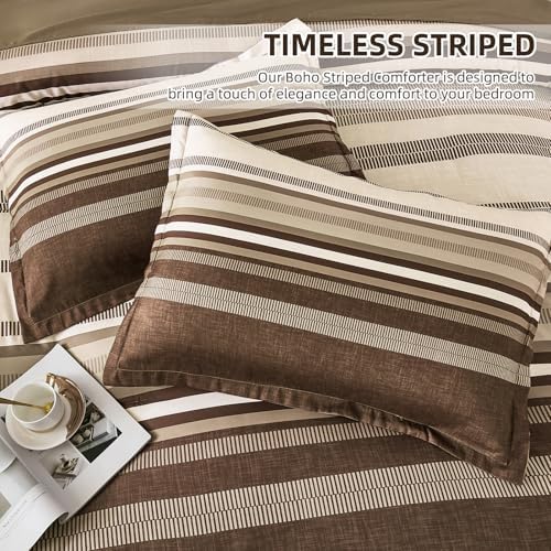 Dobuyly Brown Comforter Set Queen Size 7 Piece, Boho Striped Bed in a Bag Queen Soft Microfiber Chocolate Brown Bedding Sets with Comforter, Sheets, Pillowcases & Shams All Season