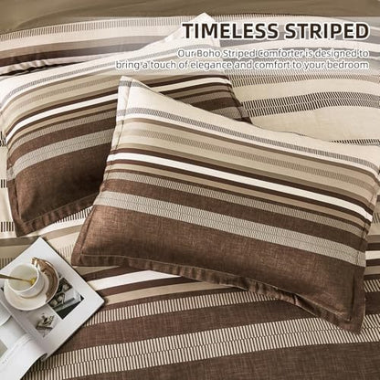 Dobuyly Brown Comforter Set Queen Size 7 Piece, Boho Striped Bed in a Bag Queen Soft Microfiber Chocolate Brown Bedding Sets with Comforter, Sheets, Pillowcases & Shams All Season