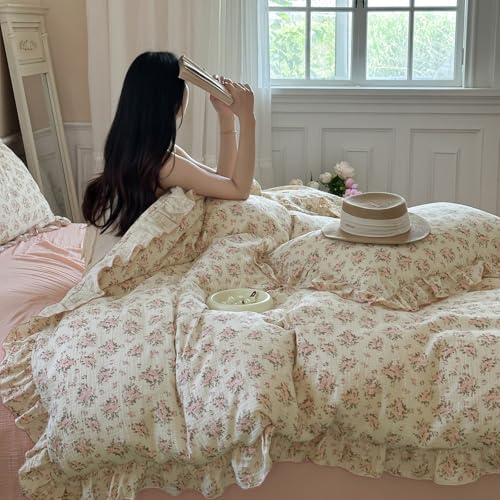 VM VOUGEMARKET Ruffle Duvet Cover Full Shabby Chic Pink Floral Bedding Set,Soft, Breathable Muslin Cotton Linen Like Gauze Comforter Cover with Zipper Closure