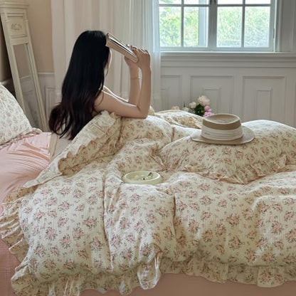 VM VOUGEMARKET Ruffle Duvet Cover Full Shabby Chic Pink Floral Bedding Set,Soft, Breathable Muslin Cotton Linen Like Gauze Comforter Cover with Zipper Closure