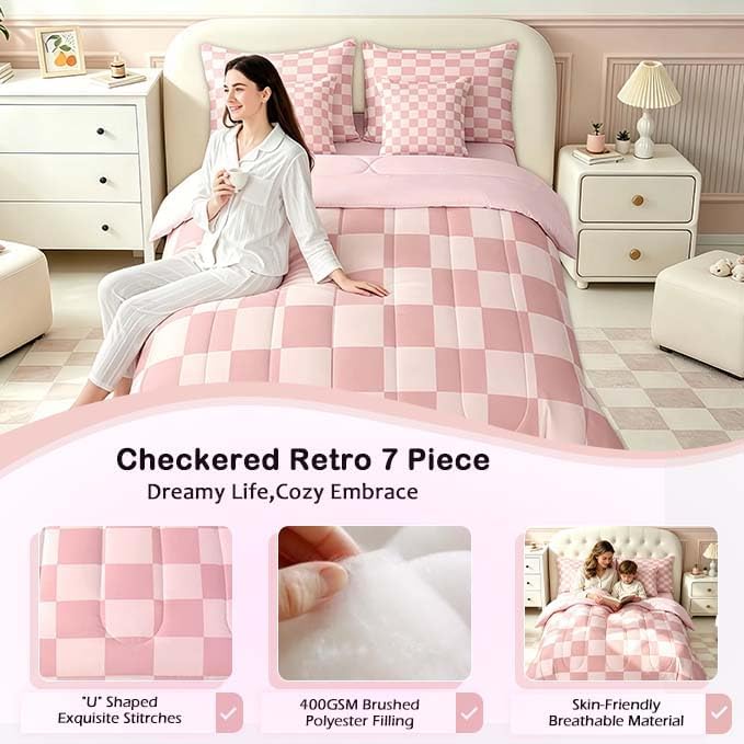 Feelyou Checkered Retro 7 Piece Bedding Set Teen Women Men Pink Gradient Plaid Comforter Set with Sheets Full Size Kids Boys Geometric Vintage Bed in a Bag Modern Simple Groovy Aesthetic Room Decor