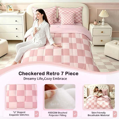 Feelyou Checkered Retro 7 Piece Bedding Set Teen Women Men Pink Gradient Plaid Comforter Set with Sheets Full Size Kids Boys Geometric Vintage Bed in a Bag Modern Simple Groovy Aesthetic Room Decor