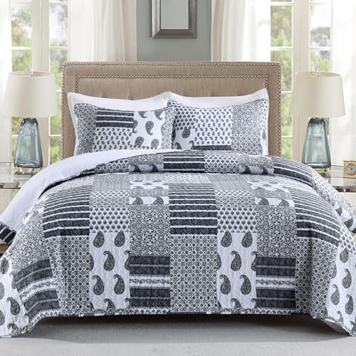 HIARUO Quilt Set Queen Size, 3 Pieces Bedspread Coverlet Plaid Patchwork Quilt Farmhouse Queen Size Comforter Set Lightweight Bedding with 2 Pillow Covers Shams for All Season Gray
