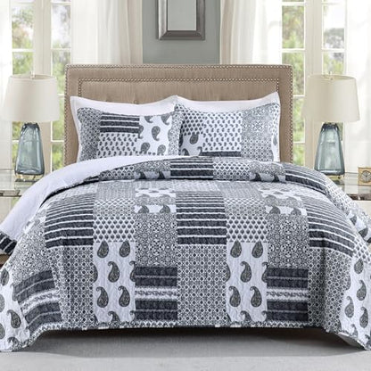 HIARUO Quilt Set Queen Size, 3 Pieces Bedspread Coverlet Plaid Patchwork Quilt Farmhouse Queen Size Comforter Set Lightweight Bedding with 2 Pillow Covers Shams for All Season Gray
