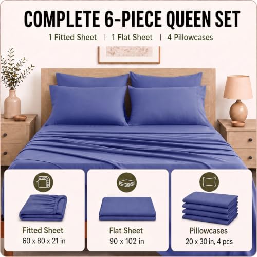 CozyLux Queen Sheet Set 6-Piece, 21-Inch Deep Pocket, Soft Brushed Feel