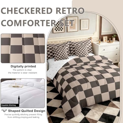 Feelyou Checkered Retro 7 Piece Bedding Set Teen Women Men Gradient Brown Plaid Comforter Set with Sheets King Size Kids Boys Geometric Vintage Bed in a Bag Modern Simple Groovy Aesthetic Room Decor