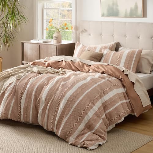 Bedsure PureWoven Boho Striped 100% Cotton Waffle Duvet Cover Set, Queen