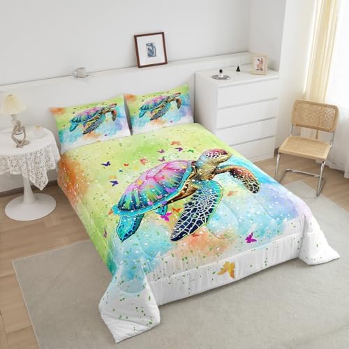 Castle Fairy Sea Turtle Comforter Set King Size,Watercolor Tortoise Butterfly Bedding Set for Girls Teens Bedroom Present,Girly Dreaming Style Soft Chic Quilted Duvet with 2 Pillowcases