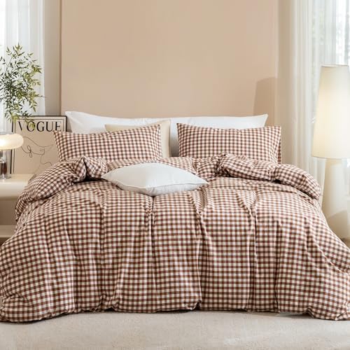 JIYUAN King Washed Cotton Duvet Cover Set, 3-Piece,Classic Gingham