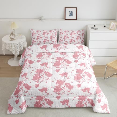 jejeloiu Pink Flower Comforter Set Queen Size Kids Floral Bedding Set for Boys Girls Teens Botanical Duvet Breathable Minimalist Aesthetics Quilt Bedroom Decor,1 Comforter with 2 Pillowcase