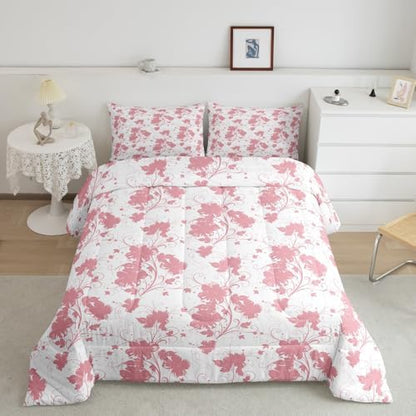 jejeloiu Pink Flower Comforter Set Queen Size Kids Floral Bedding Set for Boys Girls Teens Botanical Duvet Breathable Minimalist Aesthetics Quilt Bedroom Decor,1 Comforter with 2 Pillowcase