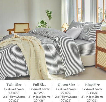 Striped Duvet Cover Set Queen Size 3 Pcs 100% Washed Cotton Linen Feel Bedding Set Soft Breathable (Queen, Classic Stripe-Dark Grey/White)