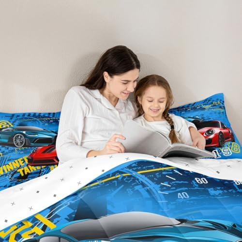 Boys Sports Car King Size Comforter Set,Kids Cool Racing Car Decor All Season Bedding Set,Teens Extreme Sports Theme Comforter,Girls Young Man Blue and Red Decor Quilt Set Bedroom Collection 3Pcs