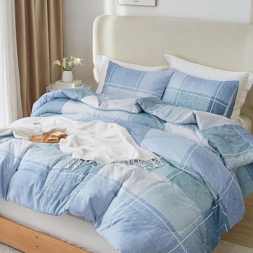 LifeTB Blue Checkered Comforter Full Comforter Set Geometric Plaid Checkered Pattern Comforter for Men Boys Modern Grid Plaid Bedding Comforter Set for All Seasons Lightweight Soft Fluffy Bed Set