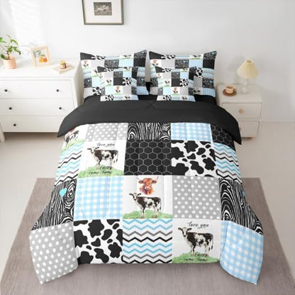Erosebridal Highland Cow Queen Bedding Set 7 Piece Cartoon Farm Animals Bed in A Bag with Sheets Cute Kawaii Comforter Set,Honeycomb Plaid Pattern Geometric Stripes Bed Sets