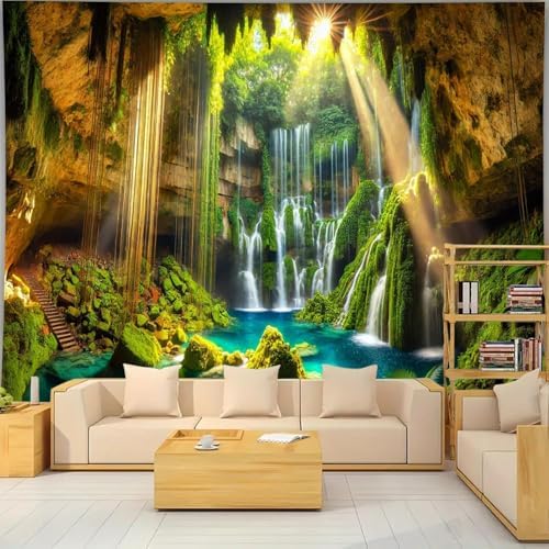 FENDROM Waterfall Tapestry Tropical Forest Mountain Sunset Cave Stone Wall Hanging Scenic Rainforest Landscape Nature Sunrise Headboard for Bedroom Living Room Home Decor