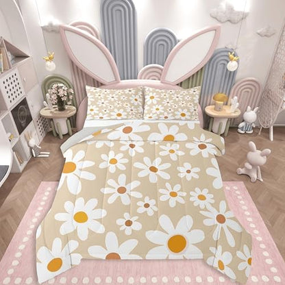 jejeloiu Retro Daisy Farmhouse Bedding Set for Boys Girls, Cute Daisy Comforter Set Toddler Size Cute Flower Duvet Quilt Microfiber Floral Botanical Pattern Bedroom Decor 2 Pcs with 1 Pillow Cases