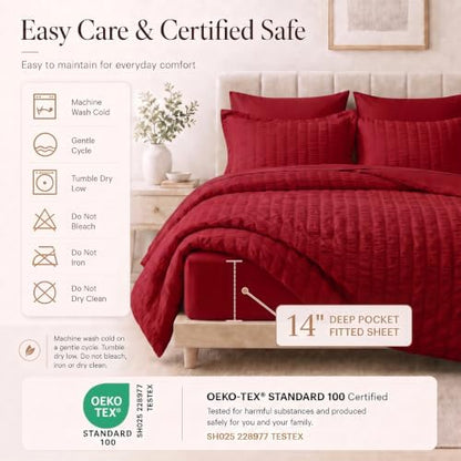 CozyLux Oversized King Comforter Set 120x98 in, 7-Piece Dark Red Seersucker