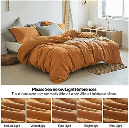 Simple&Opulence 100% Linen Duvet Cover Set 3pcs Basic Style Natural French Washed Flax Solid Color Soft Breathable Farmhouse Bedding with Button Closure - Rust, Full