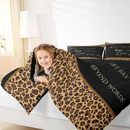 Castle Fairy Brown Leopard Print Comforter Set,Cheetah Skin Pattern Bedding Set All Season Down Comforter, Tropical African Wild Animal Fur Black Microfiber Polyester Quilt Set, King Size